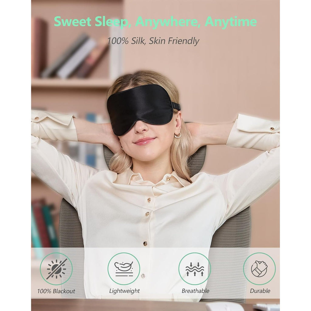 Buy now BeeVines Sleep Mask, 2 Pack 100% Real Natural Silk Eye Masks with Adjustable Strap for Sleeping, Mulberry Silk Eye Sleep Shade Cover, Blocks Light Reduces Puffy Eyes Traveling Gifts (Black & Black) at indiglob india