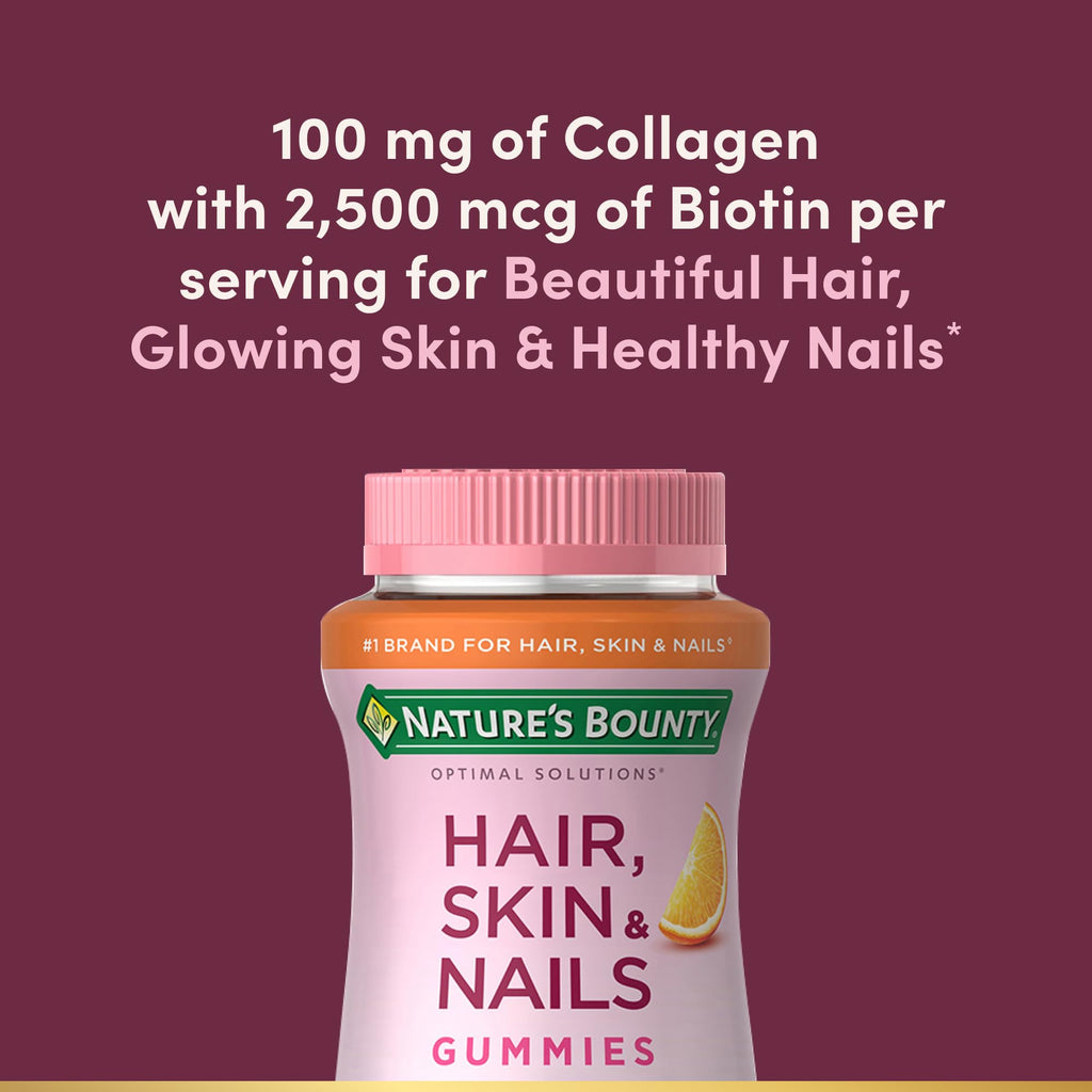 Nature's Bounty Optimal Solutions Hair, Skin & Nails with Biotin & Collagen | Citrus-Flavored Gummies Vitamin Supplement, 2500mcg, 80 Count, 40 Total Servings