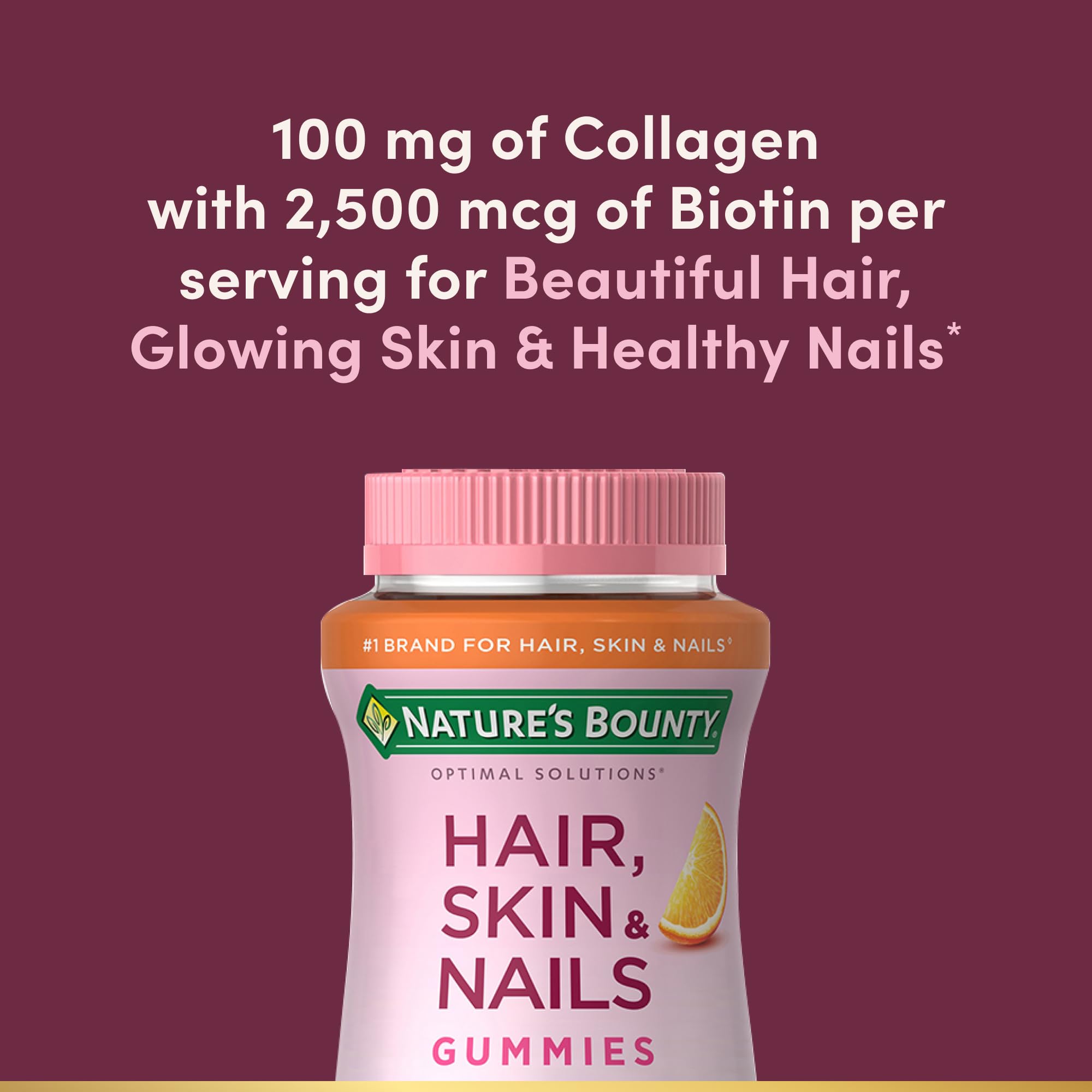 Nature's Bounty Optimal Solutions Hair, Skin & Nails with Biotin & Collagen | Citrus-Flavored Gummies Vitamin Supplement, 2500mcg, 80 Count, 40 Total Servings