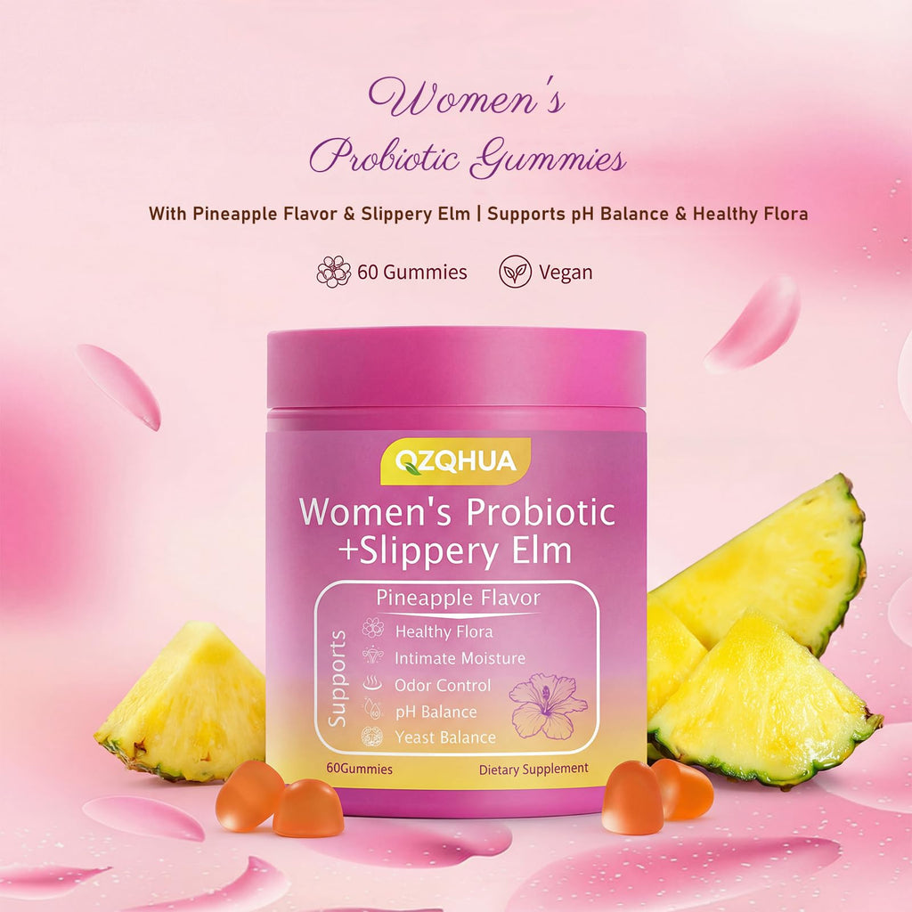 Women's Probiotics Gummies with Slippery Elm – Vaginal Health, Gut Health & pH Balance Support, Pineapple Flavor – Gluten Free, Vegan (30 Servings)（Q2）