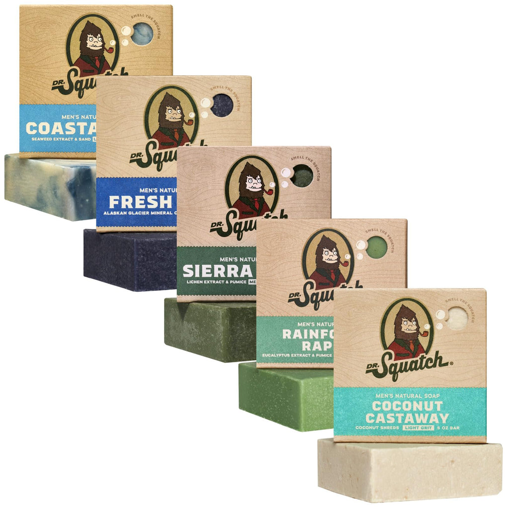 Buy now Dr. Squatch Natural Men’s Bar Soap - Cold Process Body Soap Bar with Natural Oils - Gifts for Men - Coconut Castaway, Wood Barrel Bourbon, Fresh Falls, Birchwood Breeze & Gold Moss (5 oz, 5-Pack) at indiglob india