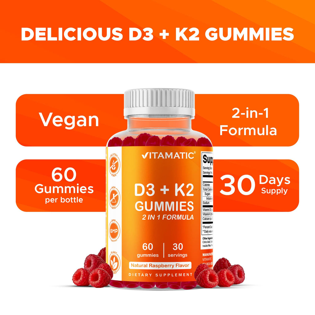 Vitamatic Vitamin D3 + K2 Gummies 60 Count | D-3 5000 IU + Vitamin K 140mcg for Bone Heart & Immune Support, Pectin-Based, Non-GMO, Gluten-Free