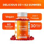 Vitamatic Vitamin D3 + K2 Gummies 60 Count | D-3 5000 IU + Vitamin K 140mcg for Bone Heart & Immune Support, Pectin-Based, Non-GMO, Gluten-Free