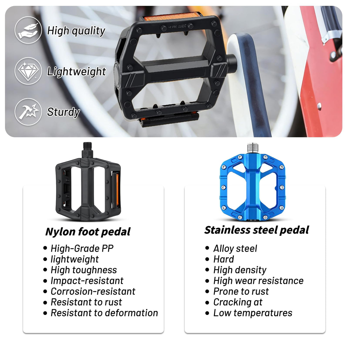 Universal Bike Pedals 9/16" Nylon Lightweight Non-Slip Bicycle Platform Pedals, Easy to Install, Fit Most Adult Mountain Bikes MTB, Durable Design
