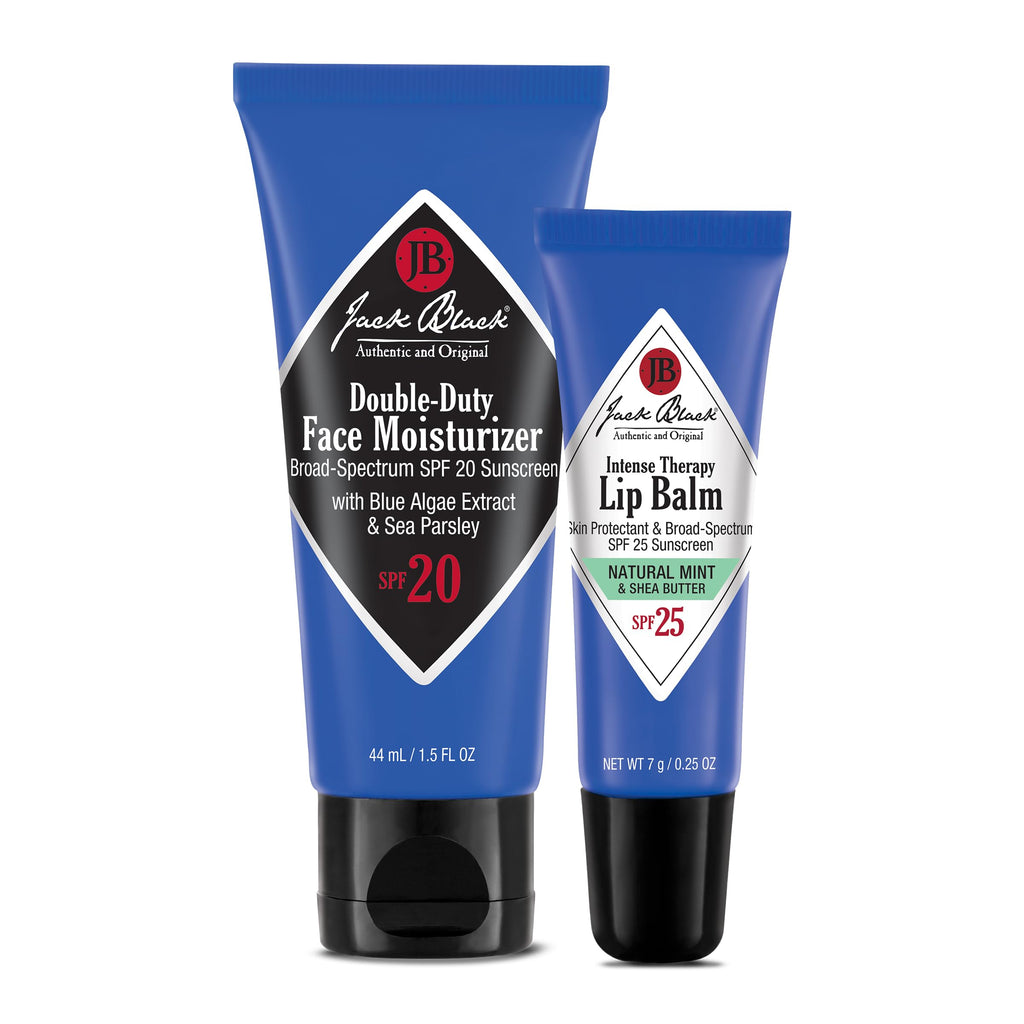 Jack Black Face & Lip Set - Double Duty Facial Moisturizer Face Cream for Men, Mens Facial Lotion with SPF + Natural Mint & Shea Butter with Vitamin E, Lip Balm SPF 25, Moisturizer Balm for Dry Lips