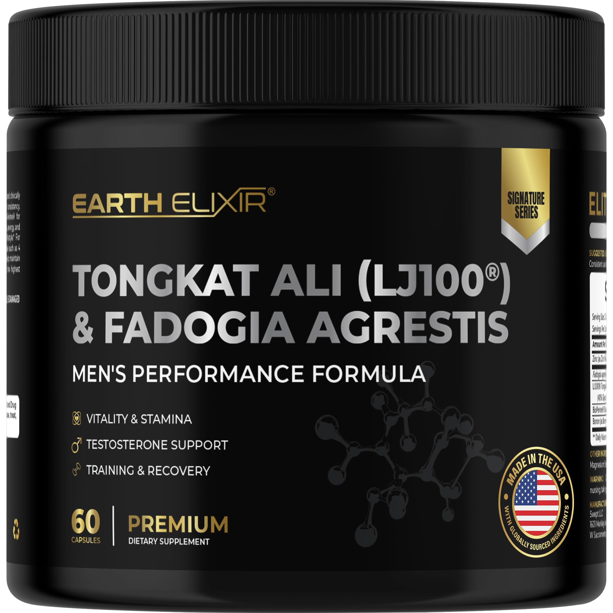 Earth Elixir LJ100 Tongkat Ali & Fadogia Agrestis for Men – Natural Testosterone Supplement - Made in USA & 3rd Party Tested for Strength, Energy & Vitality - Clinically Studied Tongkat Ali LJ100