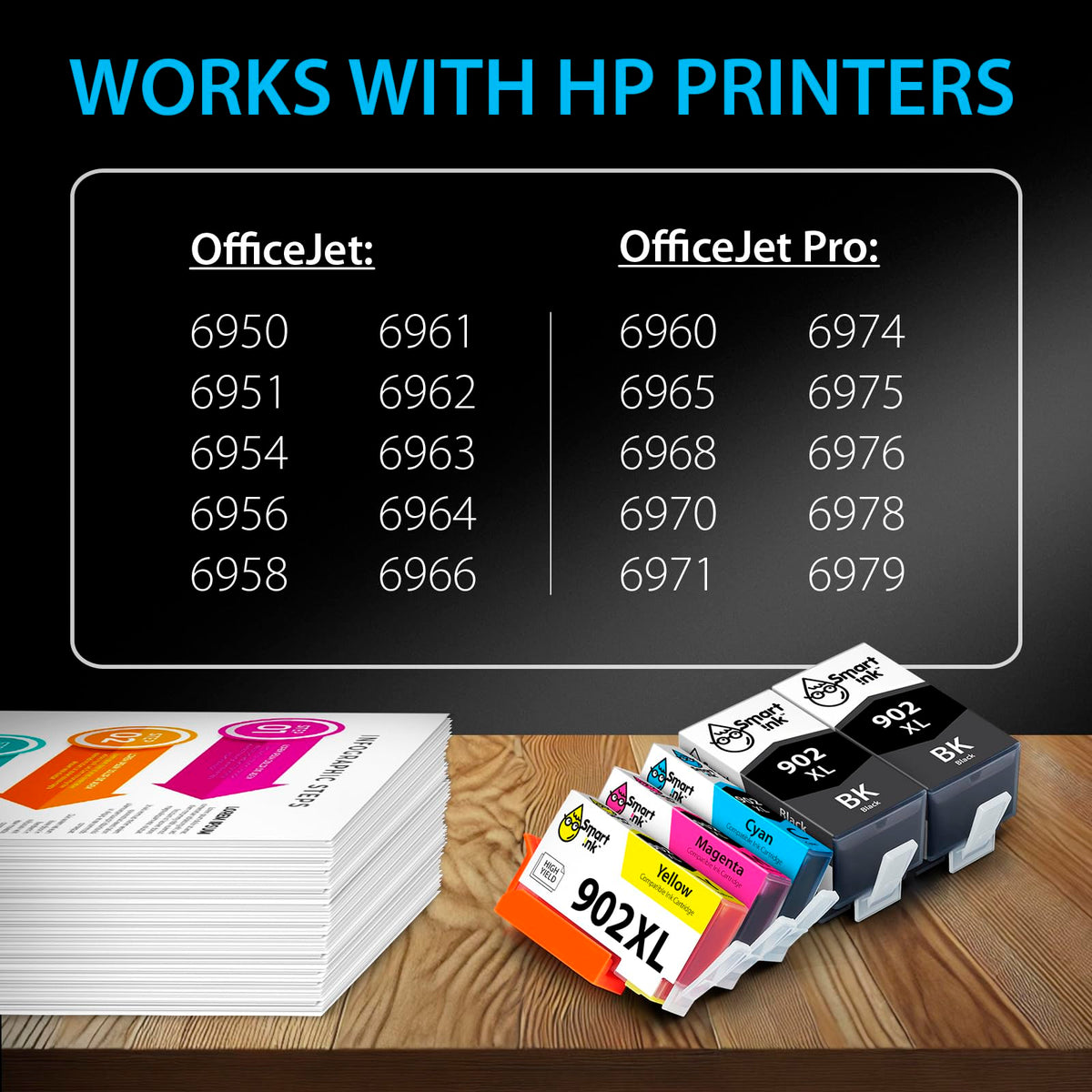 Smart Ink Compatible Ink Cartridge Replacement for HP 902XL 902XL (2 Black XL & C/M/Y XL 5 Combo Pack) to use with Officejet Pro 6978 6968 6974 6975 6960 Officejet 6951 6954 6956 6958 Printers