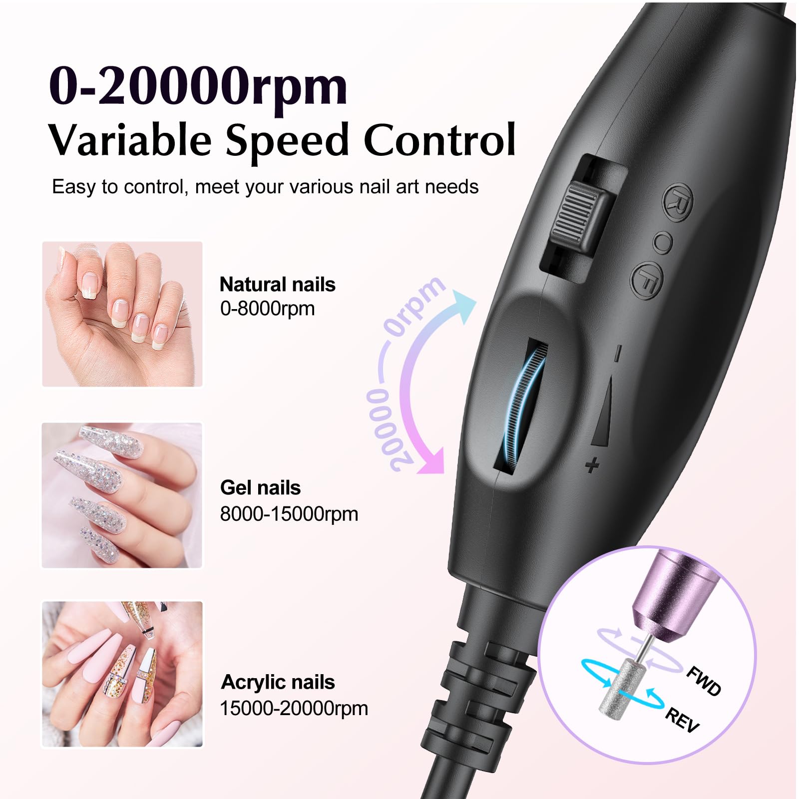 COSLUS C40 Electric Nail Drill Professional, Precise Dial Speed Control | Nail File Machine for Acrylic Gel Dip Powder Removal, Compact Manicure Tools, Beginner-friendly Polishing Set, Home