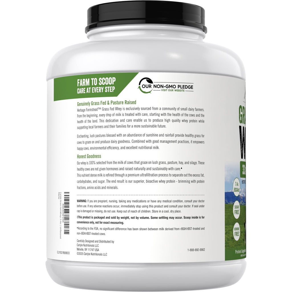 Carlyle Grass Fed Whey Protein Powder | 5lb (80 oz) | Unflavored