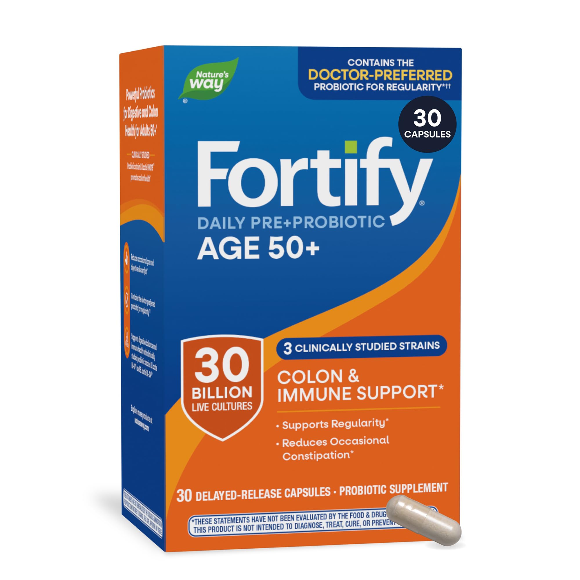 Nature's Way Fortify 30 Billion Daily Pre+Probiotic for Adults 50+, 30 ct | Daily Probiotic Supplement for Colon, Digestive, and Immune Health with 30 Billion Live Cultures*; No Refrigeration Needed