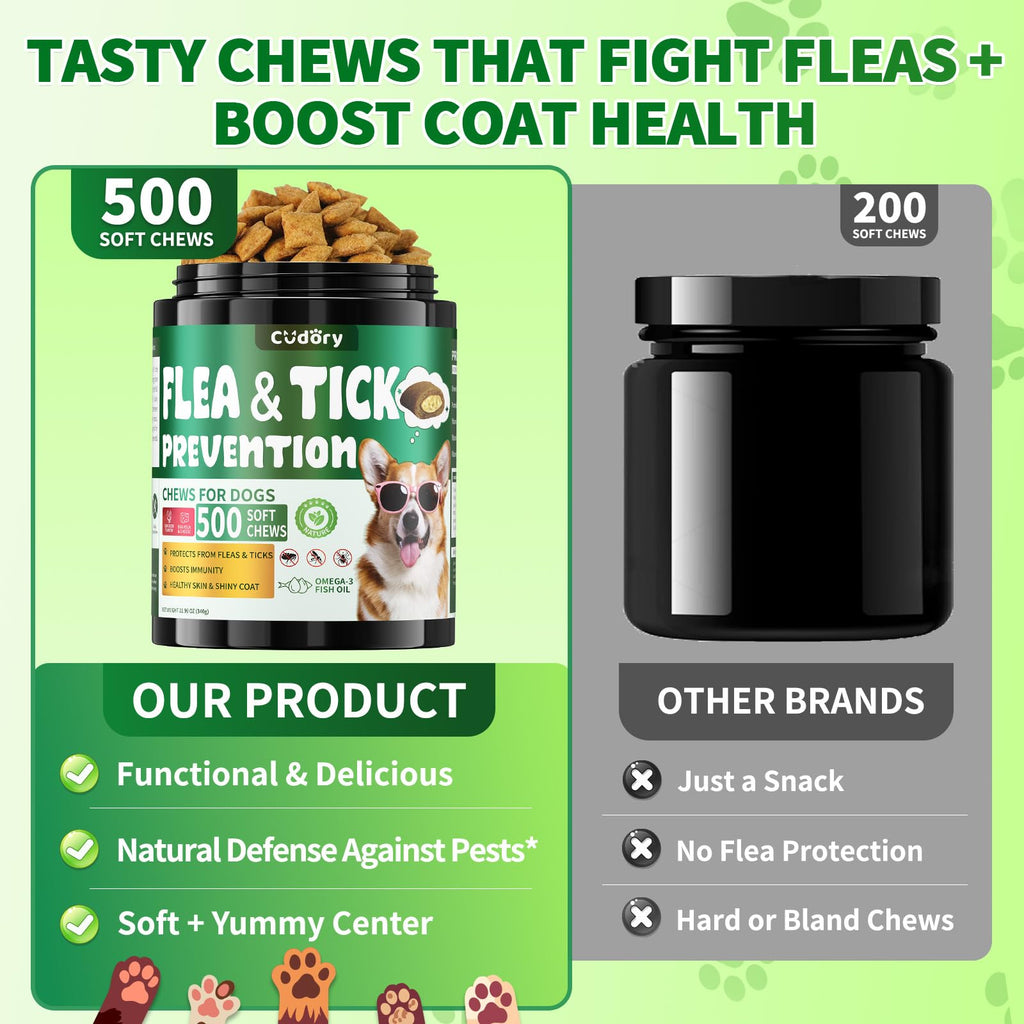 Cudory Flea and Tick Prevention for Dogs, 500 Dog Flea Treatment Chews