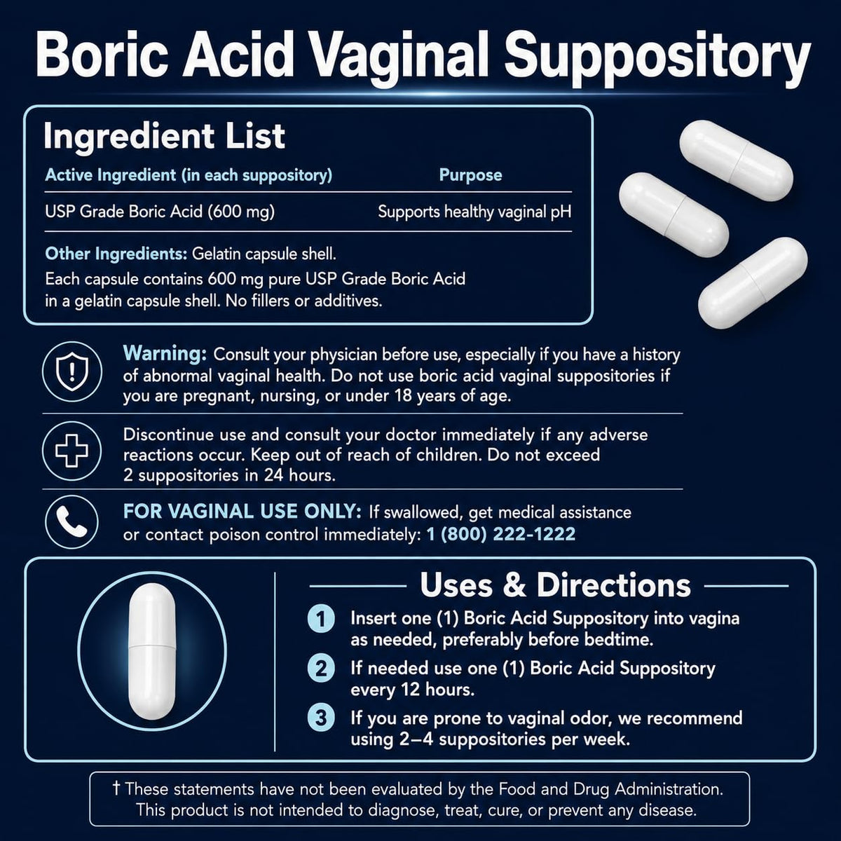 Simpli Supplements Boric Acid Suppositories for Women 600mg | 60 Count | Feminine Hygiene Support | Vaginal pH Balance & Freshness
