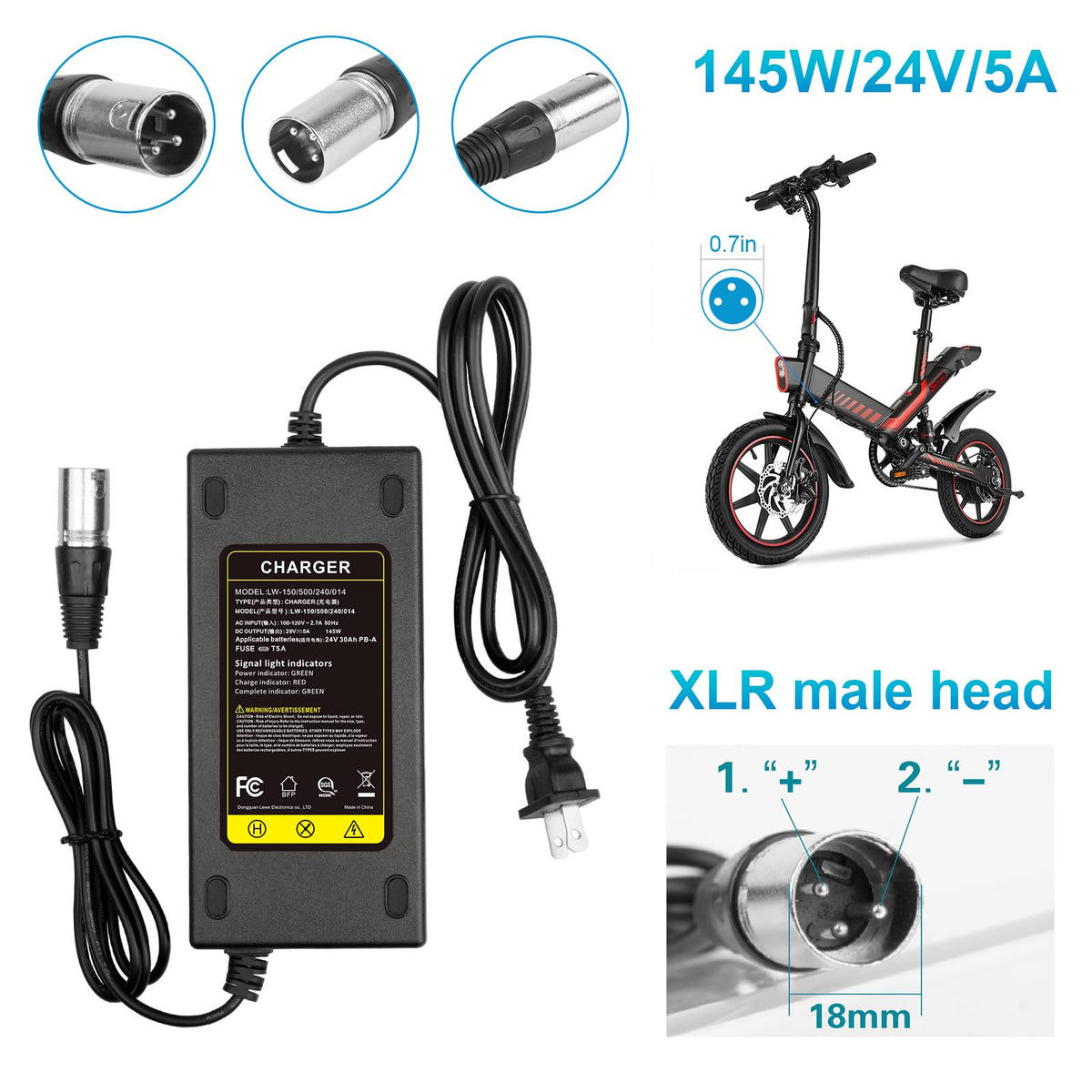 29V 5A for 24V 5A 3-Pin Male XLR Connector Battery Charger for Lakematic, Pride Mobility, Jazzy Power Chair, Drive Medical, Golden Technologies, Shoprider, Rascal 200T/500T/301 PC 24BC5000TF-1