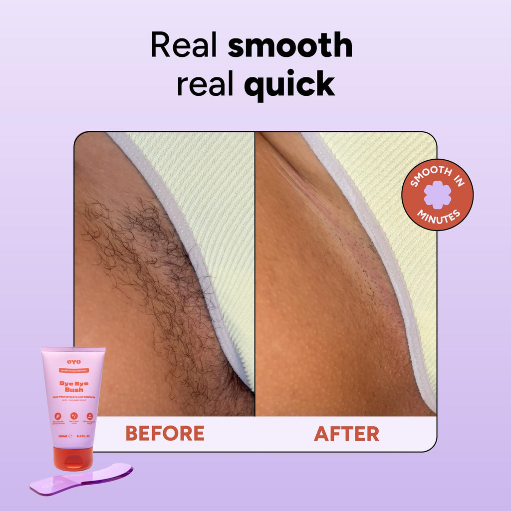 OYO Bye Bye Bush Pubic Hair Removal Cream for Women, Private Area, Bikini Hair Removal for Women, Inner Thighs & Underarms, Sensitive Skin Depilatory Cream, Aloe & Cucumber, 5 fl oz