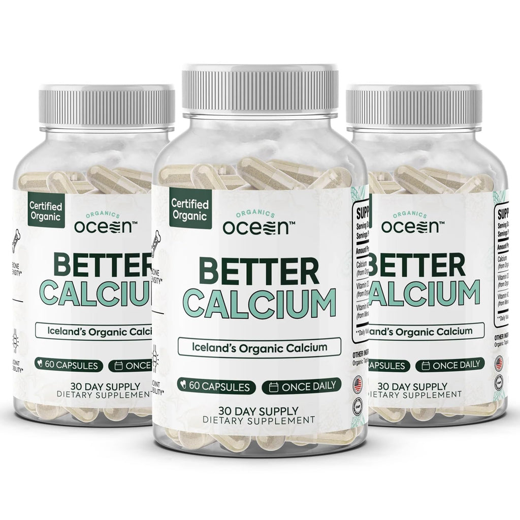 Organics Ocean Better Calcium - Organic Red Algae Calcium with Vitamin D3 and K2 Supplements - Supports Bone Structure, Joint Comfort & Encourages Healthy Aging - Plant-Based, Non-GMO - 6 Pack