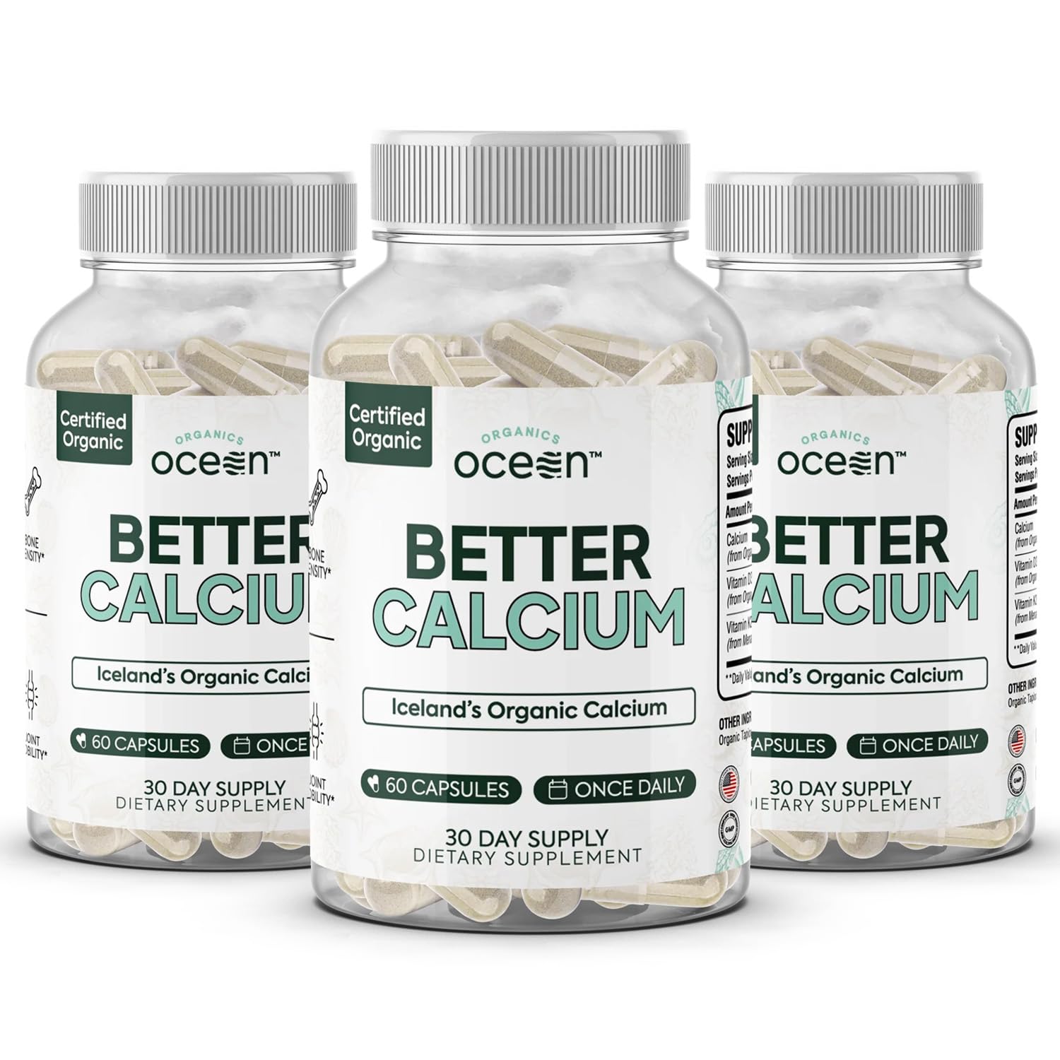 Organics Ocean Better Calcium - Organic Red Algae Calcium with Vitamin D3 and K2 Supplements - Supports Bone Structure, Joint Comfort & Encourages Healthy Aging - Plant-Based, Non-GMO - 6 Pack