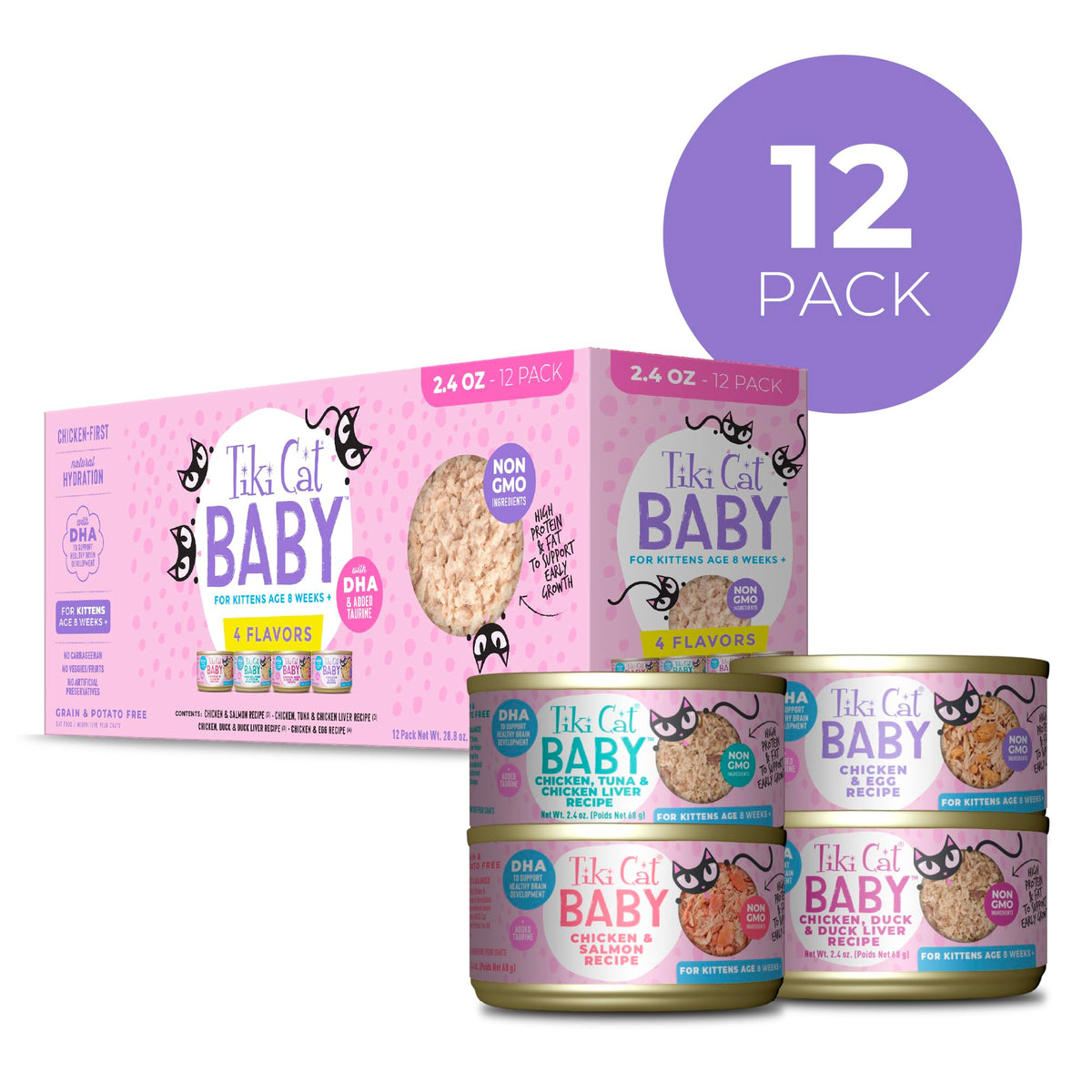 Tiki Cat Baby Wet Cat Food for Kittens, Shreds Variety Pack 2.4 oz. Cans (12 Count)
