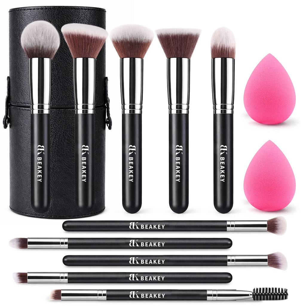 BEAKEY Makeup Brushes set with 2 Blending Sponges,10 Brush Face and Eye Set | Beginner-friendly face and eye tools with soft synthetic fibers for light,buildable coverage from foundation to eyeshadow
