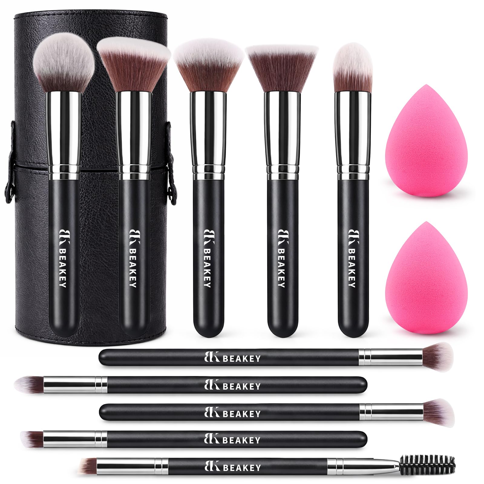 BEAKEY Makeup Brushes set with 2 Blending Sponges,10 Brush Face and Eye Set | Beginner-friendly face and eye tools with soft synthetic fibers for light,buildable coverage from foundation to eyeshadow