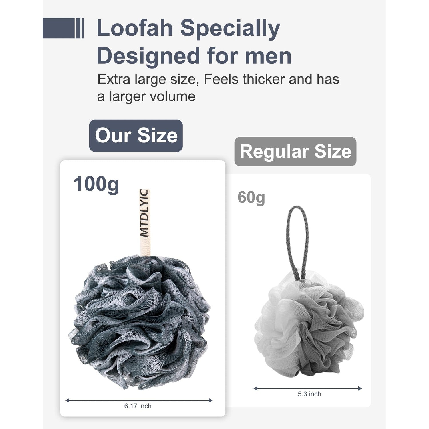 MTDLYICE Loofah Sponge, XXL Large Loofah 100g 4 Pack, Bath Sponge Soft Mesh Shower Loofah for Men, Body Scrub, Shower Pouf Bath Accessories, for Body Wash, Soap (Blue Gray)