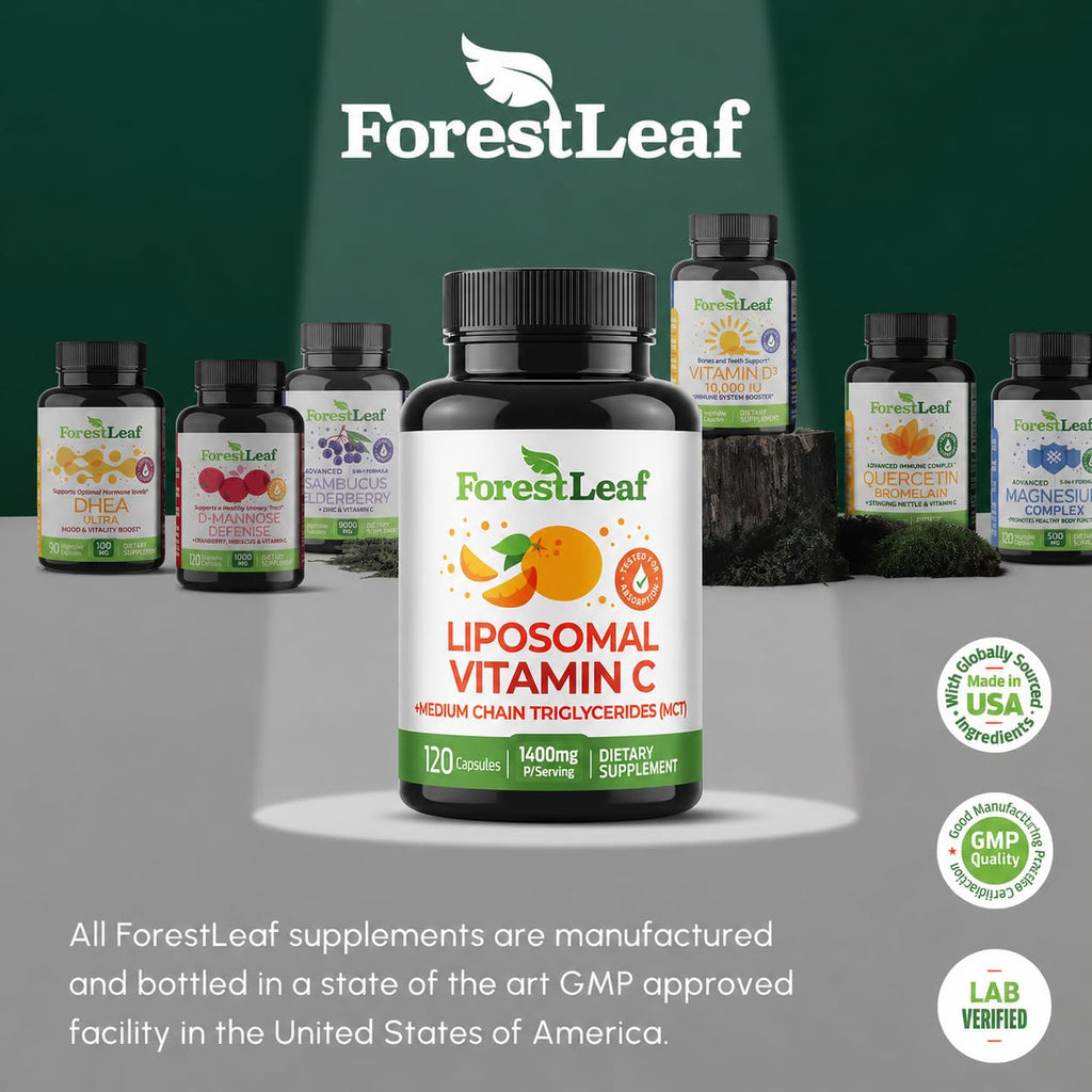 ForestLeaf Liposomal Vitamin C 1400mg Capsules | High Dose Vitamin C Liposomal Supplement w Coconut Oil Fatty Acids | Fast Absorption | Immune Support, Antioxidant, Collagen Production | 120 Vegan Cap