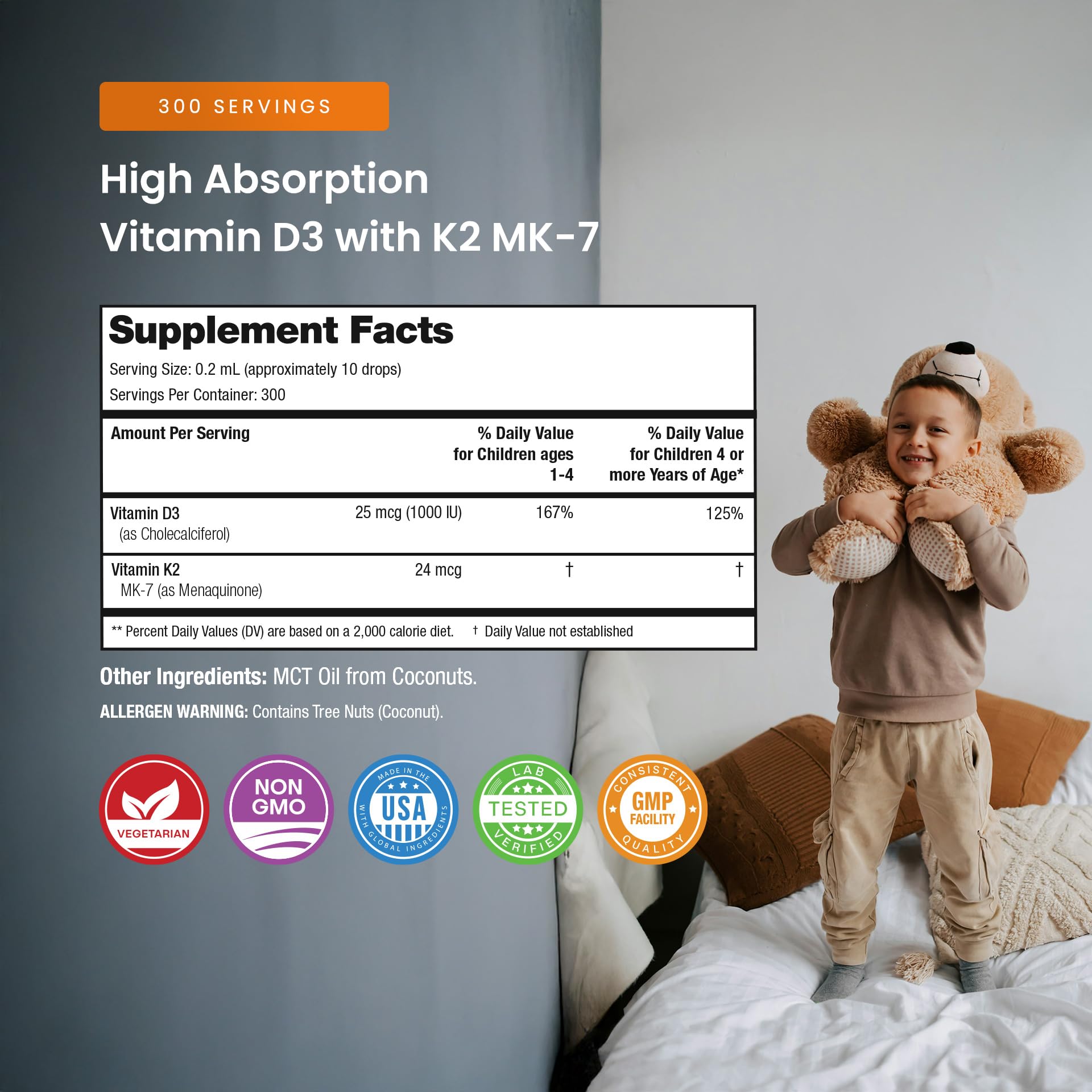 NutraChamps Kids Vitamin D 3 K2 Drops, Vitamin D3 & K2 MK-7, Liquid Vitamin D for Kids 1000 IU, Healthy Bones, Heart & Immune System, Sugar Free Supplement for Toddlers, 300 Servings