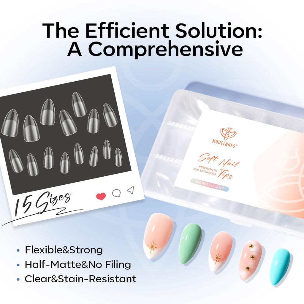 Modelones Short Almond Nail Tips set with 15 sizes. Flexible, strong, clear, and stain-resistant. Verified by CuratCart.
