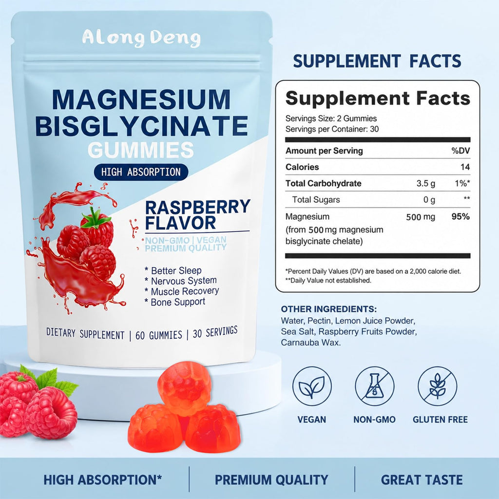Magnesium Bisglycinate Gummies, with 500mg Magnesium Bisglycinate Chelate Sea Salt Raspberry Fruit Powder, Improve Sleep & Nervous, Relax Muscles, Strengthen Bones, Vegan, 60 Count