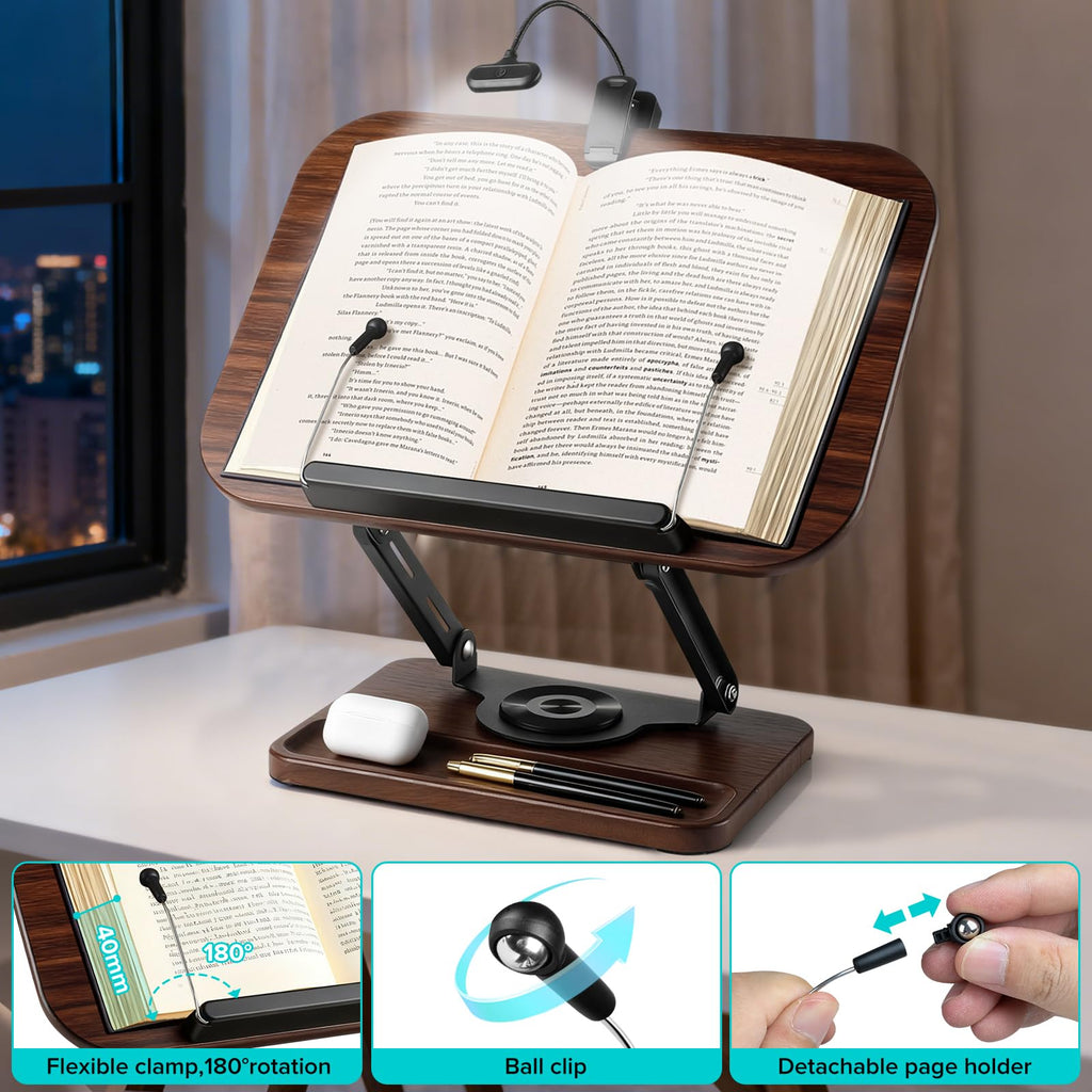 Book Stand with Light & Storage, Book Holders for Reading Hands Free
