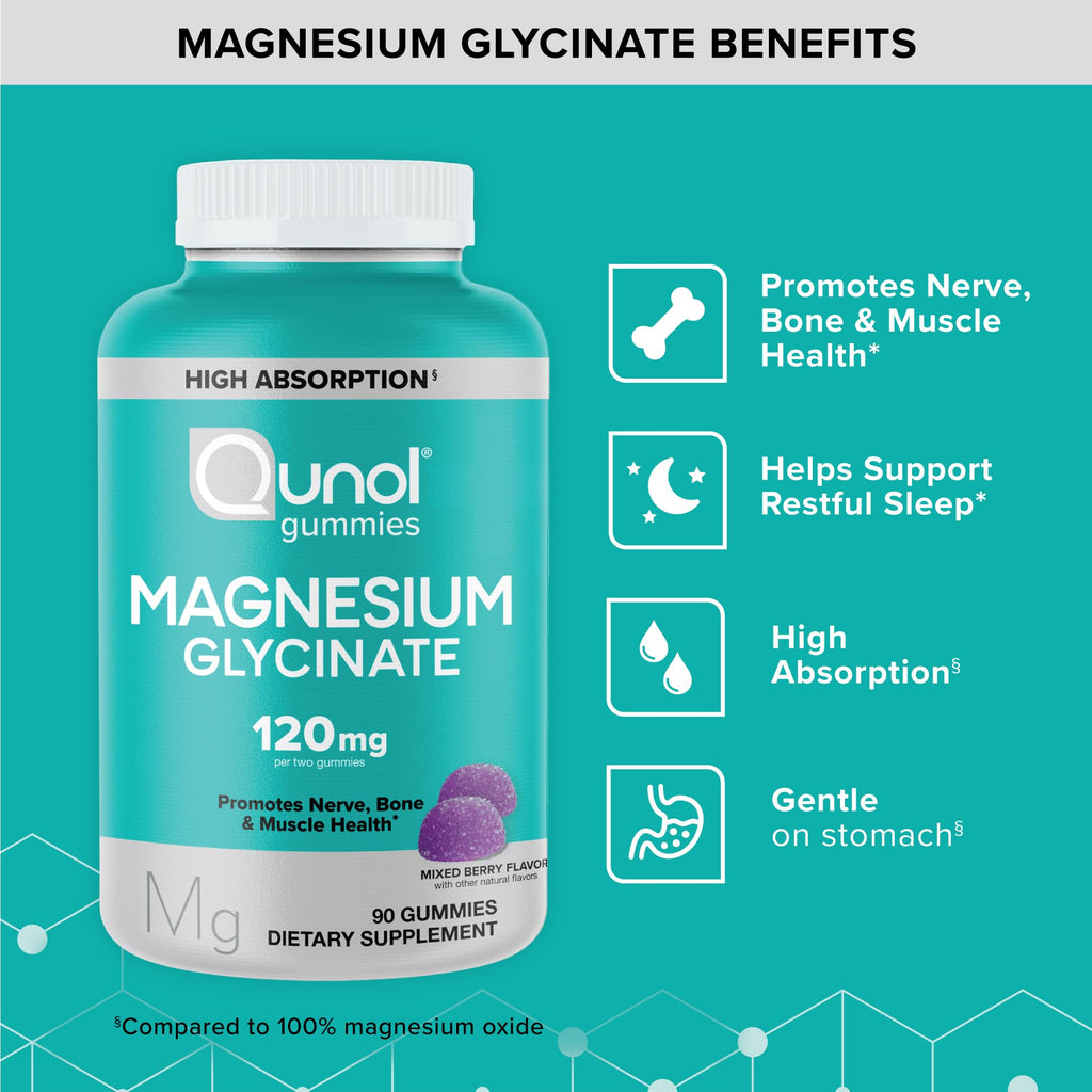 Qunol Magnesium Glycinate Gummies 120mg, Vegetarian, Gluten-Free, 90ct | Support Nerve, Bone & Muscle Health, Cognitive Performance, Healthy Stress Response, Restful Sleep; Vegetarian, Non-GMO