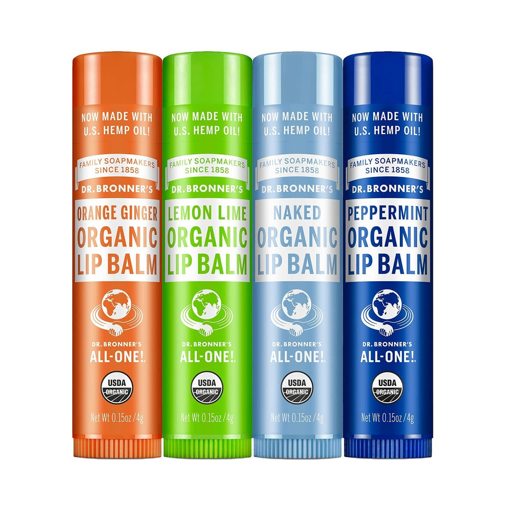Buy now Dr. Bronner's - Organic Lip Balm Variety Peppermint, Orange Ginger, Naked, Lemon Lime) - Made with Organic Beeswax and Avocado Oil, For Dry Lips, Hands, Chin or Cheeks, 0.15 Ounce (Pack of 4) at indiglob india