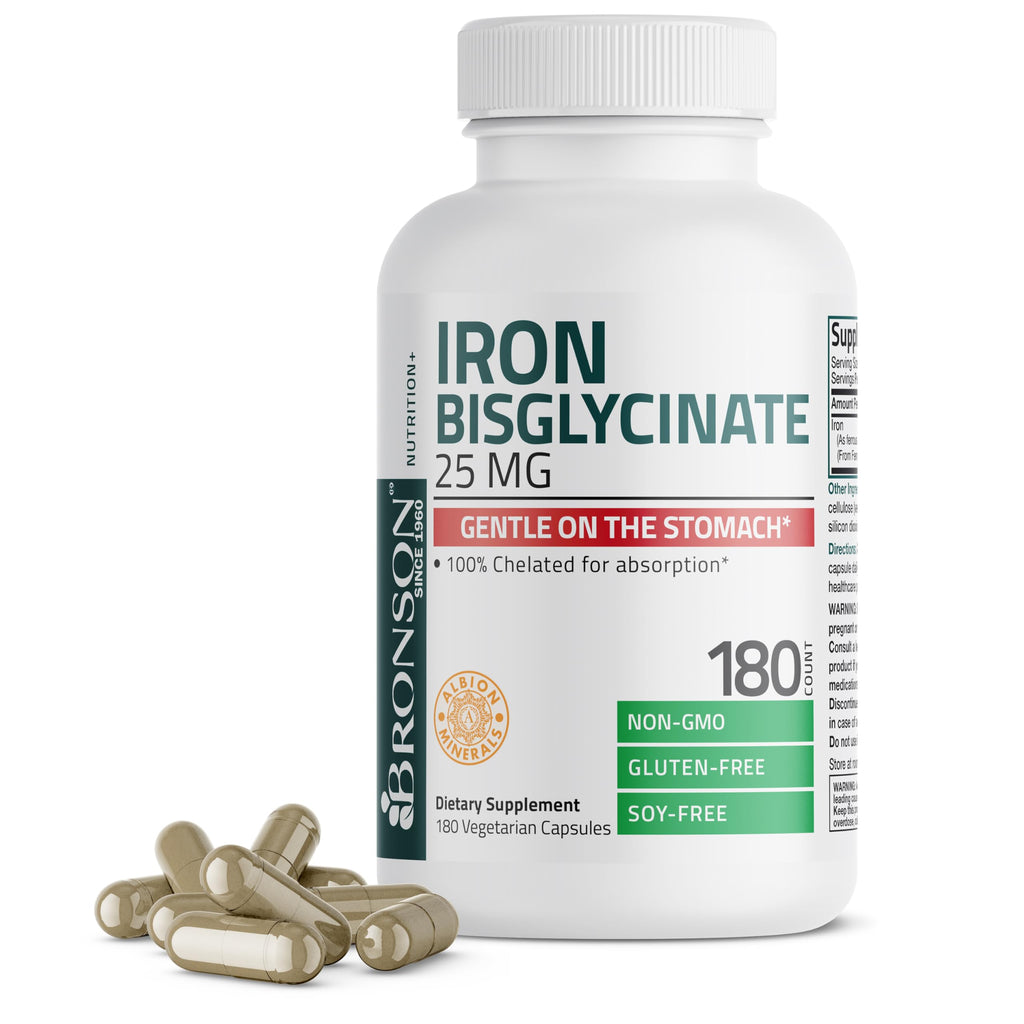Bronson Iron Bisglycinate 25 mg, 90 Vegetarian Capsules | Gentle on the Stomach, Non-Constipating, Supports Energy & Red Blood Cell Production, Non-GMO, Gluten-Free & Soy-Free