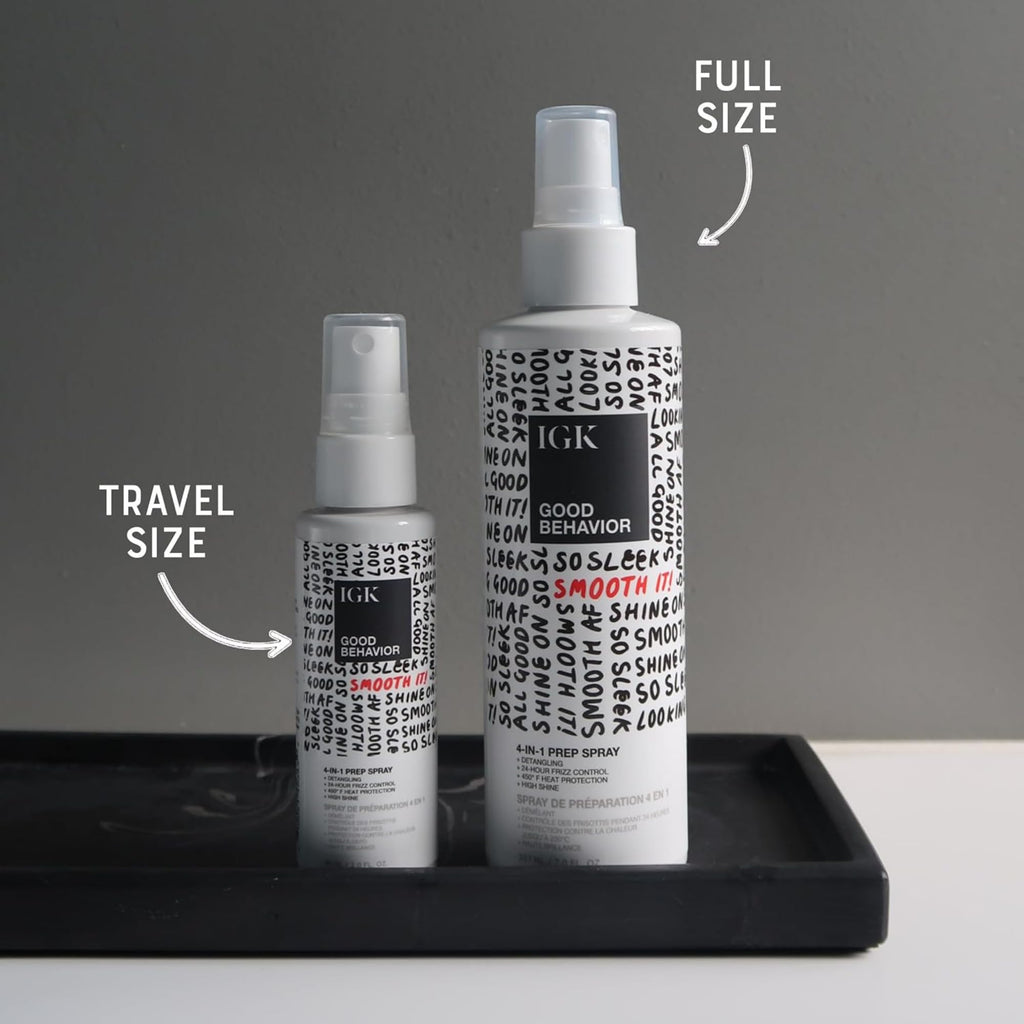 IGK Good Behavior 4-in-1 Prep Spray, Heat Protectant, Leave-In Detangler | Controls Frizz 24 Hours, Heat Protection + Shine, Weightless, Vegan, Full + Travel 7 Oz + 2 Oz