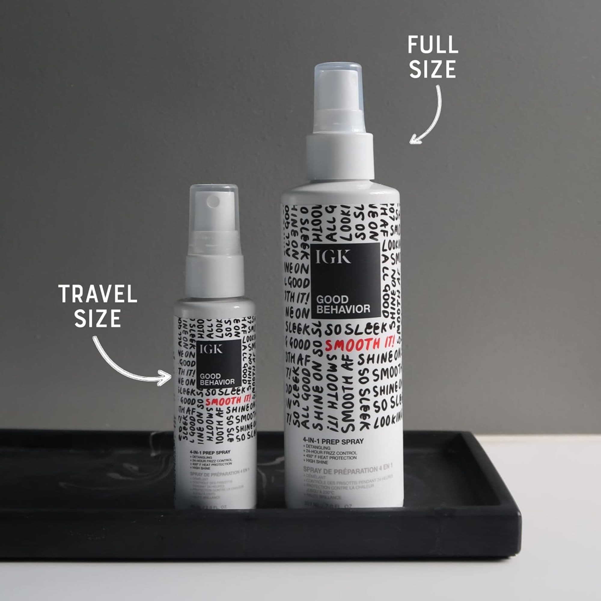 IGK Good Behavior 4-in-1 Prep Spray, Heat Protectant, Leave-In Detangler | Controls Frizz 24 Hours, Heat Protection + Shine, Weightless, Vegan, Full + Travel 7 Oz + 2 Oz