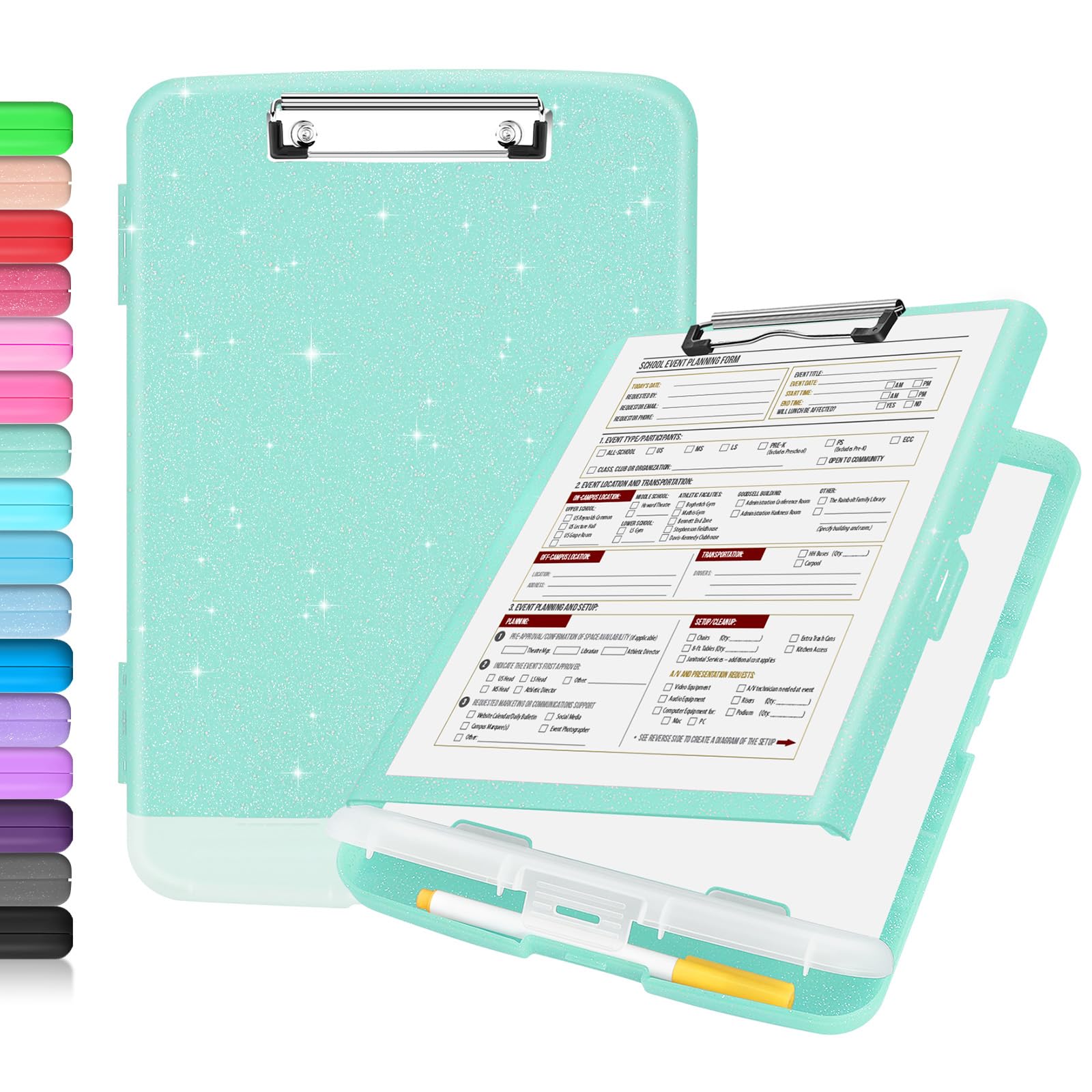 Buy now Sooez Clipboard with Storage, Clip Board 8.5 x 11 with Pen Holder, Plastic Organization Case Box for Letter Legal A4 Size Paper, Low Profile Clip, Nurses Teachers Must Haves, School & Office Supplies Glitter Turquoise at indiglob india