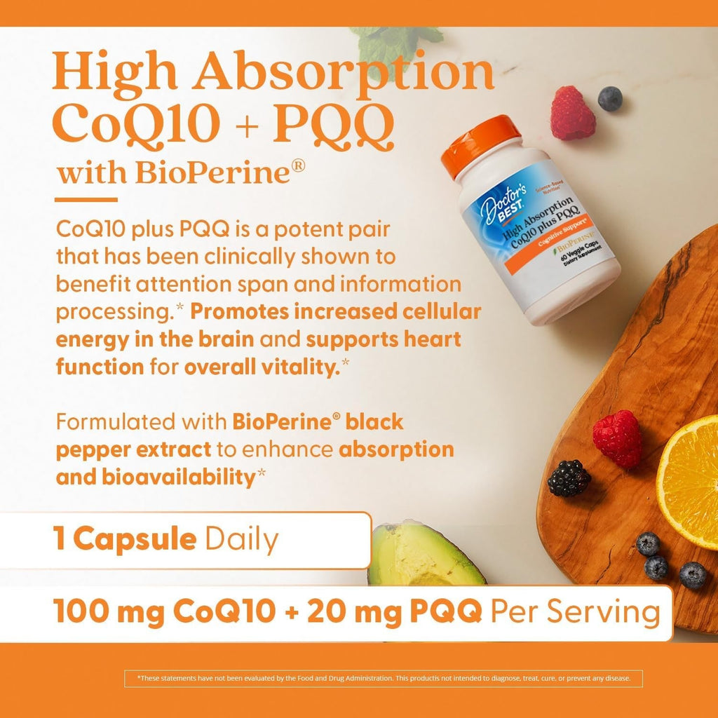 Buy now Doctor's Best High Absorption CoQ10 Plus PQQ, Cognitive Support, USP Verified, Naturally Fermented CoQ10, Non-GMO, Gluten Free, Soy Free, Vegan 60 Veggie Caps at indiglob india
