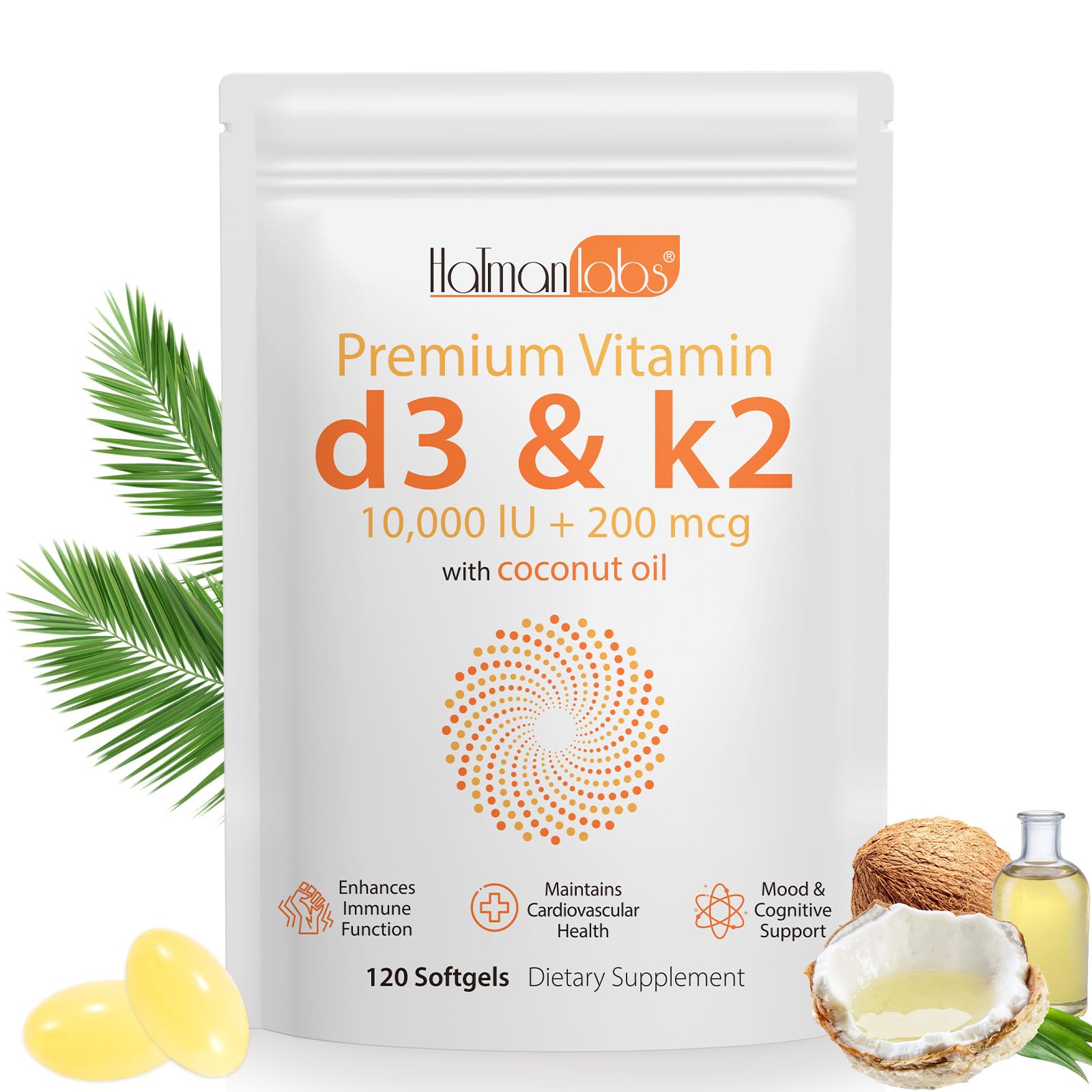 Vitamin D3 K2 Supplement Softgel, Vitamin D3 K2 Softgel with 10000 IU Supports Immune, Heart, Teeth & Bone Health, Free of GMO, Gluten, Soy, 120 Softgels