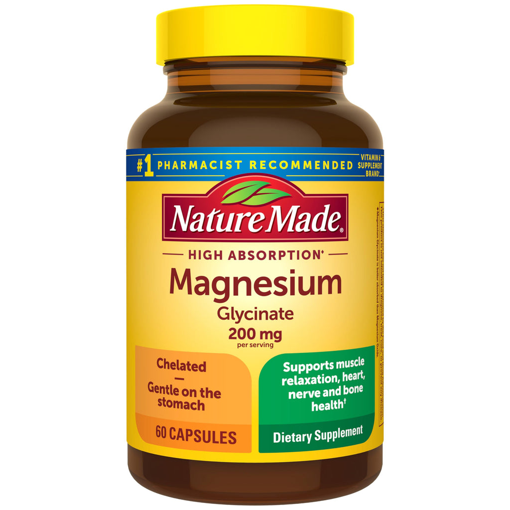 Nature Made Magnesium Glycinate 200 mg per Serving, 60 Capsules | High Absorption Magnesium Supplement for Muscle, Heart and Bone Support, Magnesium Bisglycinate Capsules, 30 Day Supply