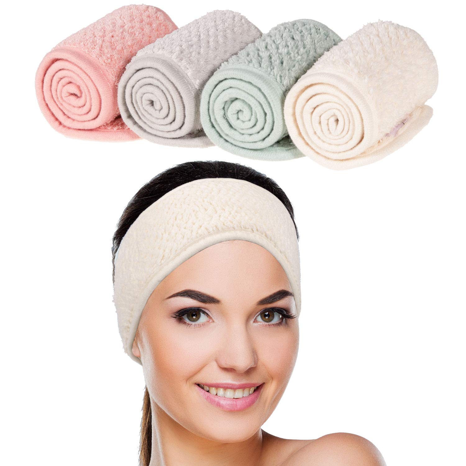 Buy now Whaline 4 Pack Spa Facial Headband Makeup Hair Wrap Adjustable Hair Band Soft Towel Head Band for Face Washing, Shower Sports Yoga (Pea Green, Pink, Beige, Light Gray) at indiglob india