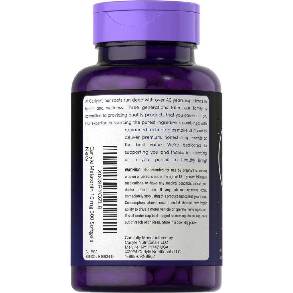 Carlyle Melatonin 10mg | 300 Softgels | Extra Strength Support for Adults | Non-GMO, Gluten Free Supplement