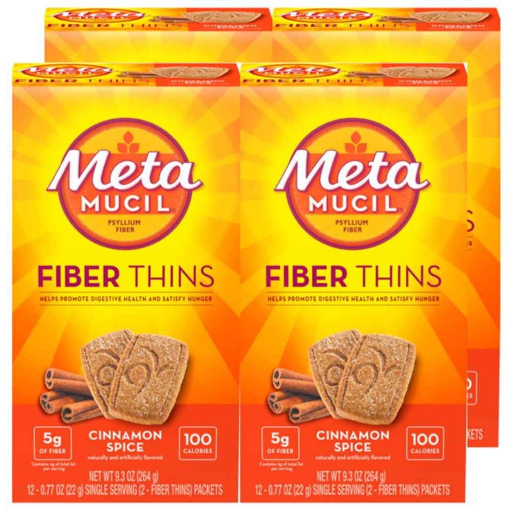Metamucil Fiber Thins, Daily Fiber Supplement Snack, Psyllium Husk Powder, 5g Fiber per Serving, Supports Digestive Health and Satisfies Hunger, Cinnamon Spice Flavor, pack of 4, 12 Servings each