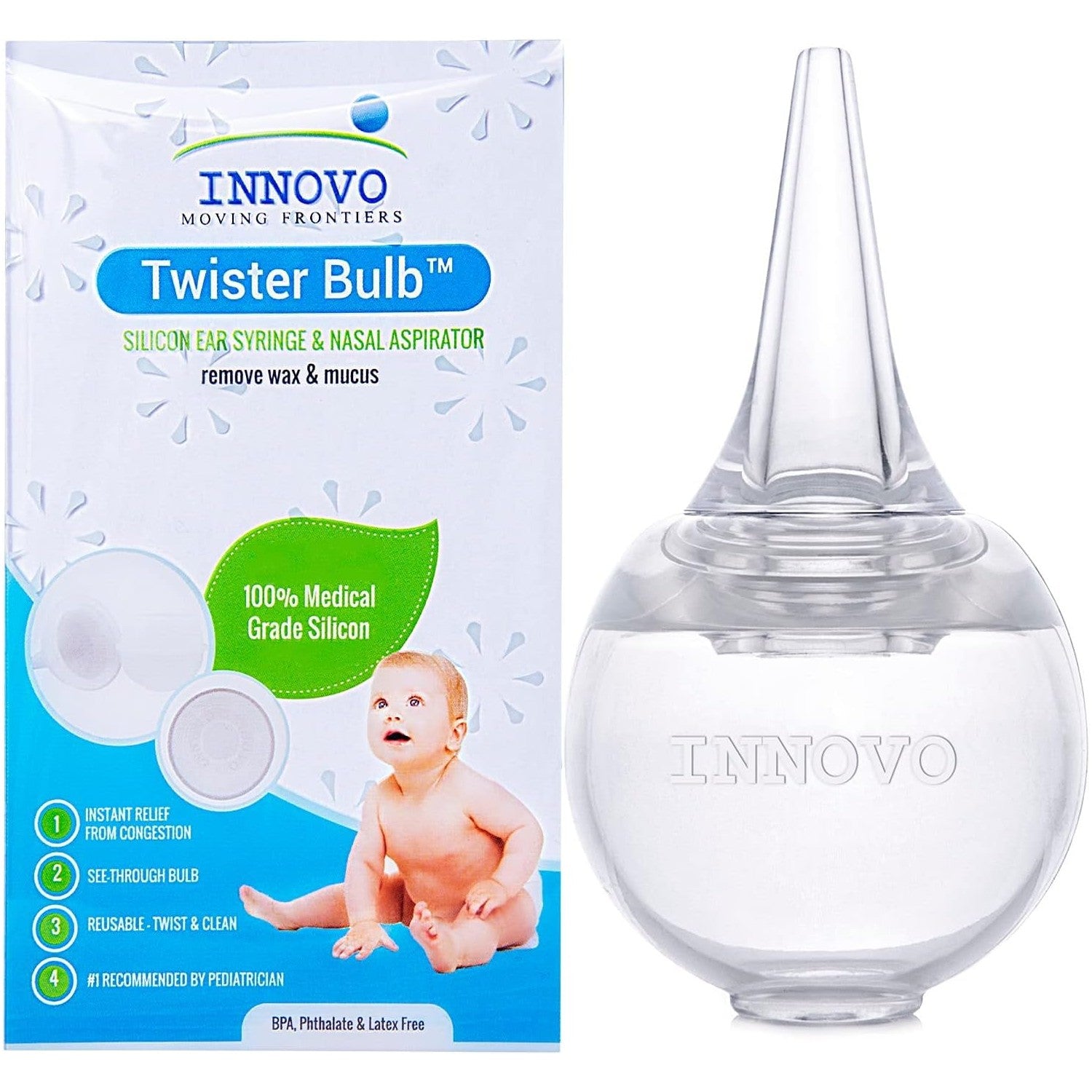 Buy now Innovo FSA/HSA Eligible Hospital Grade Silicone Twister Bulb Baby Ear Syringe and Nasal Aspirator, Sucks Snot and Mucus, Cleanable and Reusable, Clear at indiglob india