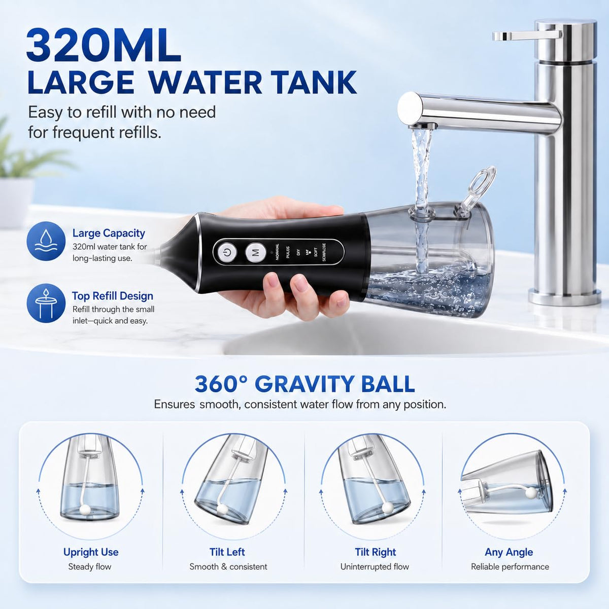 Cordless Water Flosser for Teeth with 6 Jet Tips, DIY 5 Modes 320ML Tank IPX7 Waterproof Portable Rechargeable Water flosser for Dental Hygiene Cordless for Home and Travel, Black