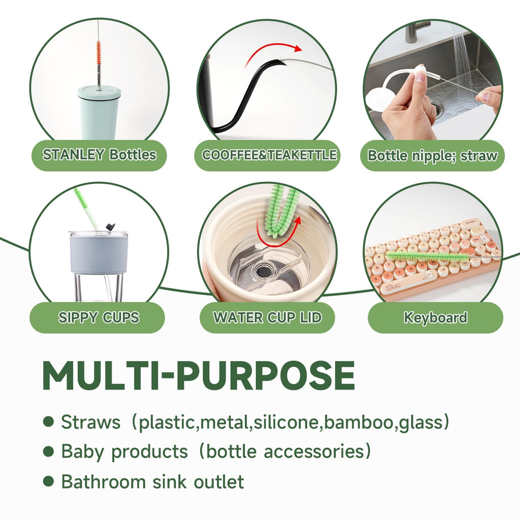 9PCS Reusable Long Colored Straw Cleaner Brush Set 12" Bendable