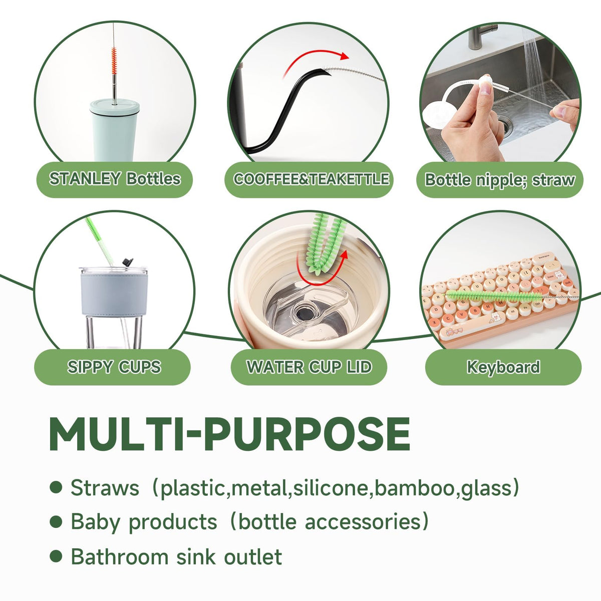 9PCS Reusable Long Colored Straw Cleaner Brush Set 12" Bendable