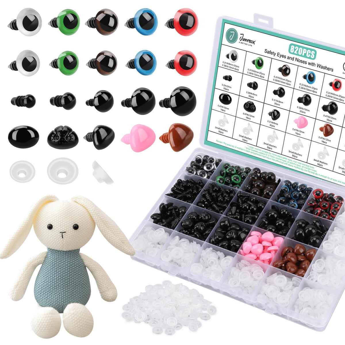 Junreox 820pcs Safety Eyes for Amigurumi, Crochet Stuffed Animals, 5-12mm
