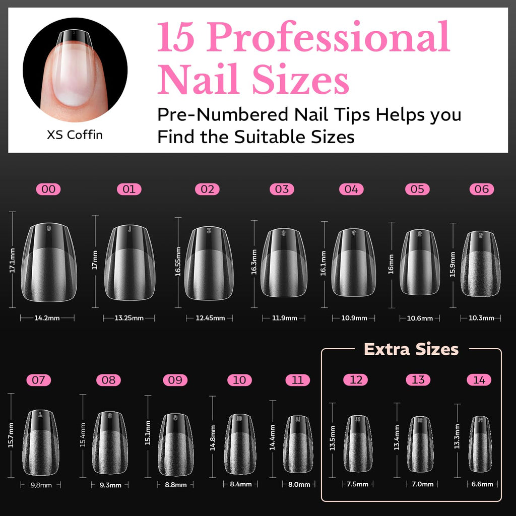 600 pcs of medium almond nail tips in various sizes. Soft gel material, pre-numbered for easy selection. Verified by CuratCart.