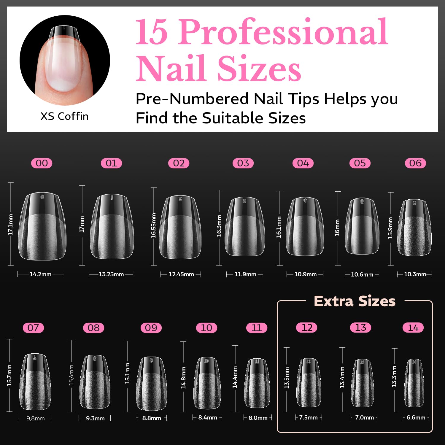600 pcs of medium almond nail tips in various sizes. Soft gel material, pre-numbered for easy selection. Verified by CuratCart.