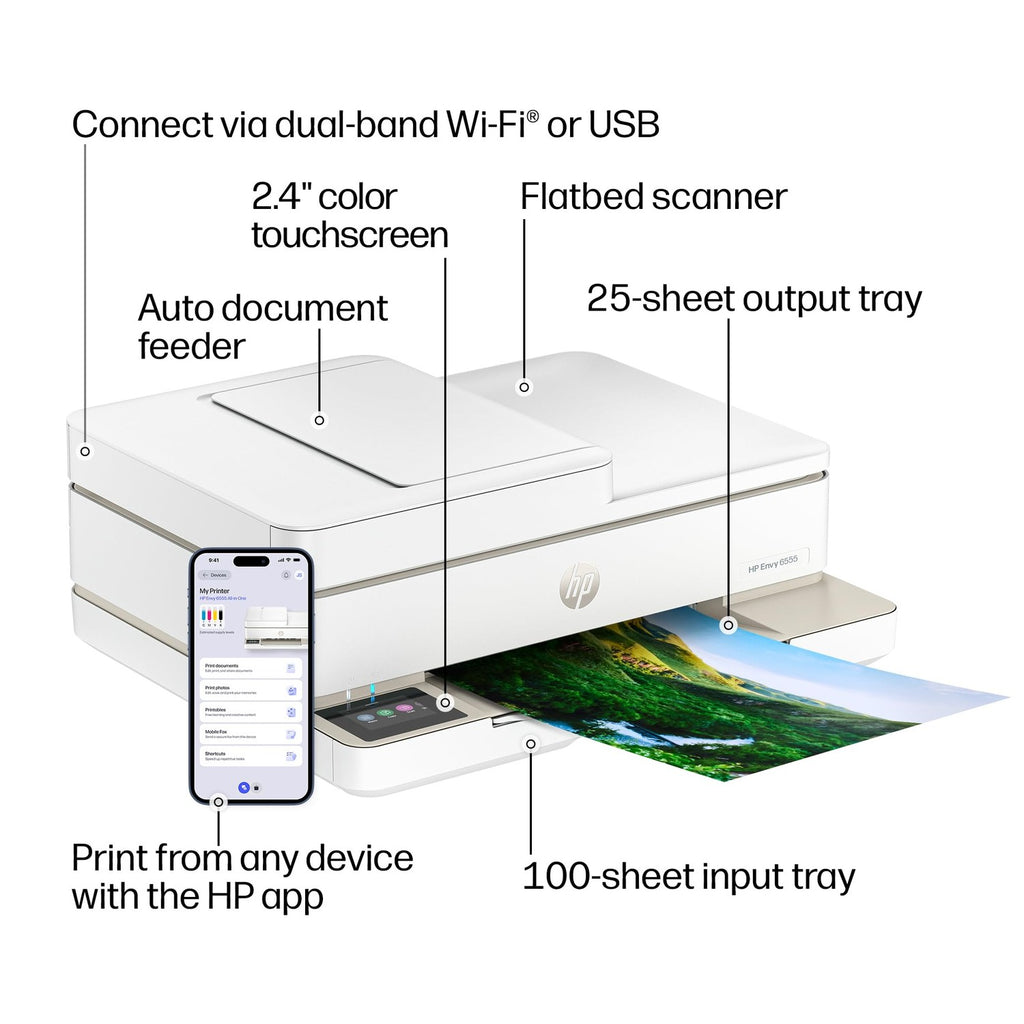 HP Envy 6555 Wireless All-in-One Color Inkjet Printer, Print, Scan, Copy, Duplex Printing Best-for-Home, 3 Month Trial of Instant Ink Included, AI-Capable (C2XR6A) Portobello