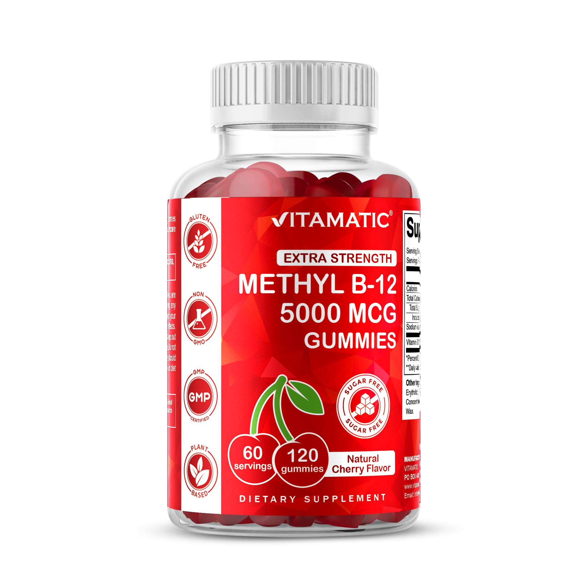 Vitamatic Methyl B12 5000 mcg, 120 Gummies, Natural Cherry Flavor | Extra Strength, Energy Metabolism Support and Nervous System Health Support*, Non-GMO, Gluten Free